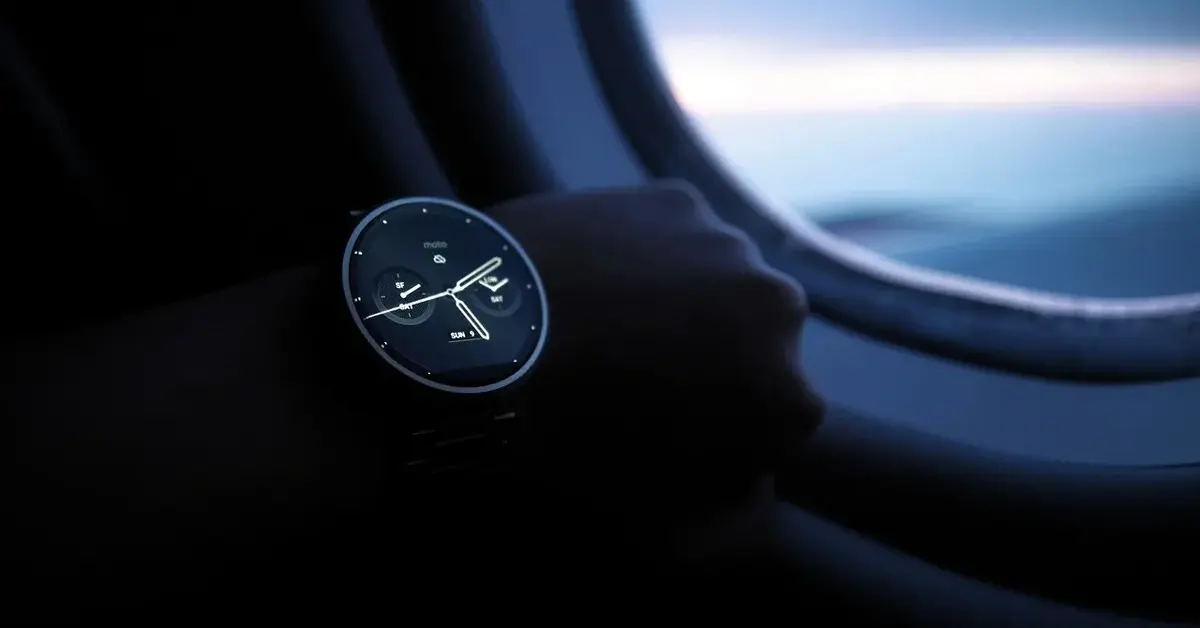 Przy okienku samolotowym dłoń kobieca z eleganckim zegarkiem dla kobiet ze świecącą tarczą