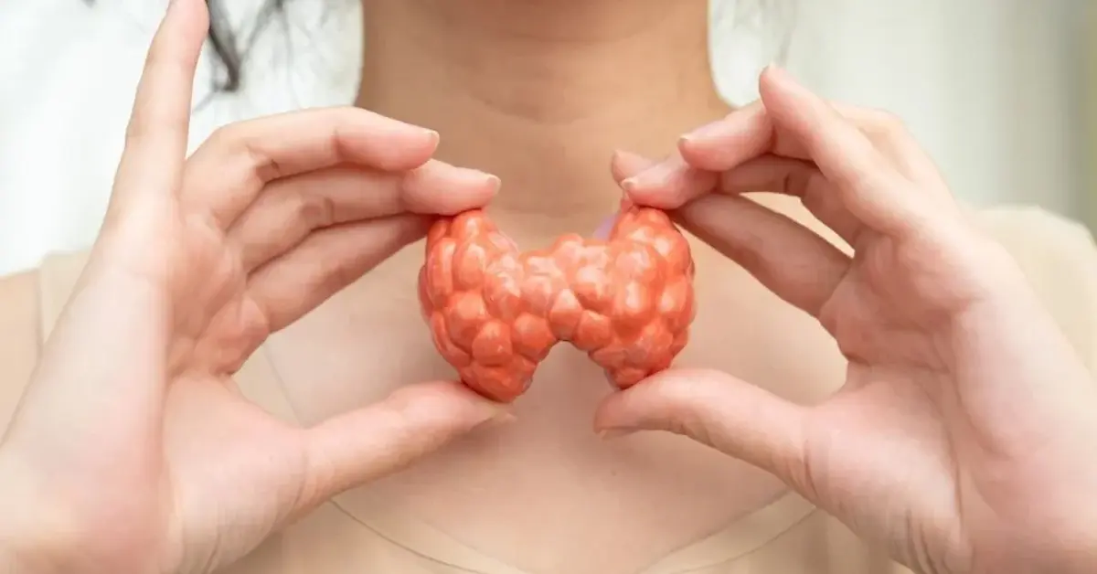 Kobieta trzyma w dłoniach przy szyi makietę tarczycy