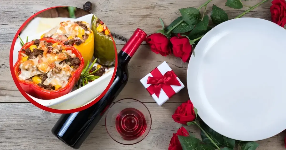 Papryki faszerowane mięsem i ryżem, podane na walentynki.