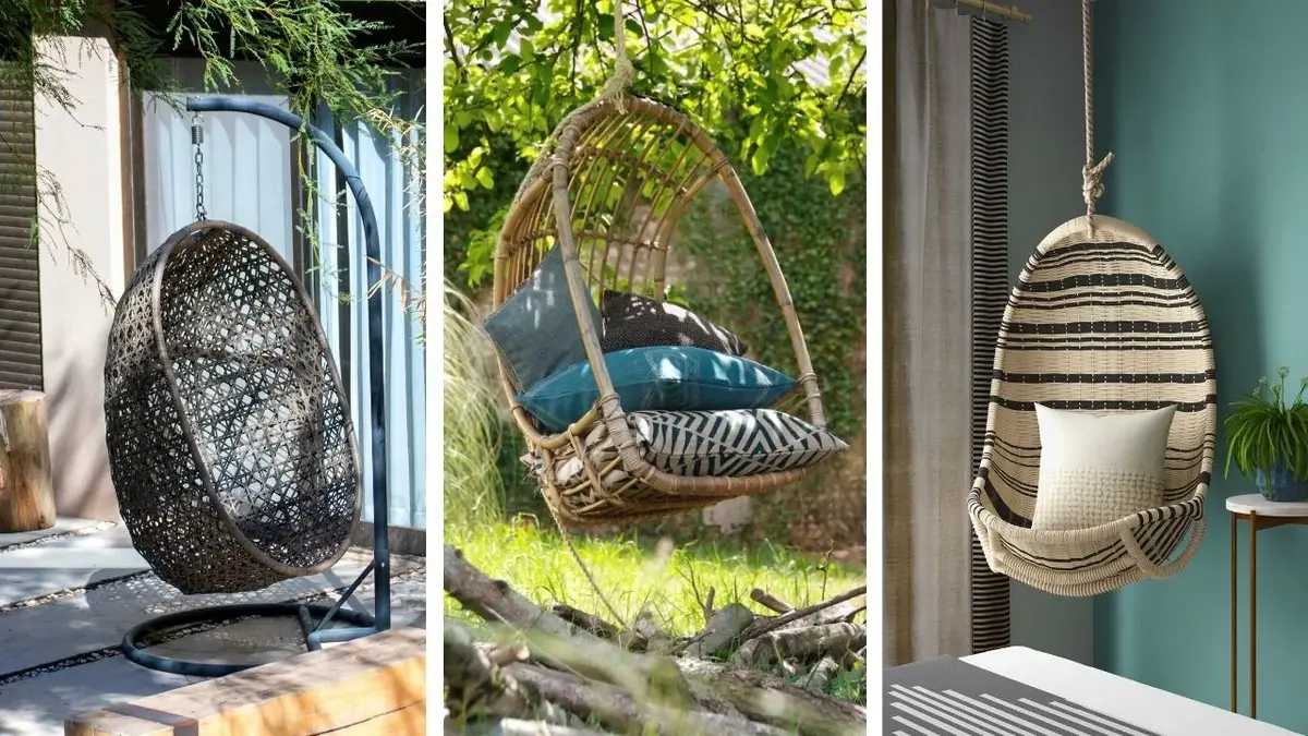 Kolaż: czarny fotel kokon na tarasie, rattanowy fotel kokon w ogrodzie, fotel kokon w mieszkaniu
