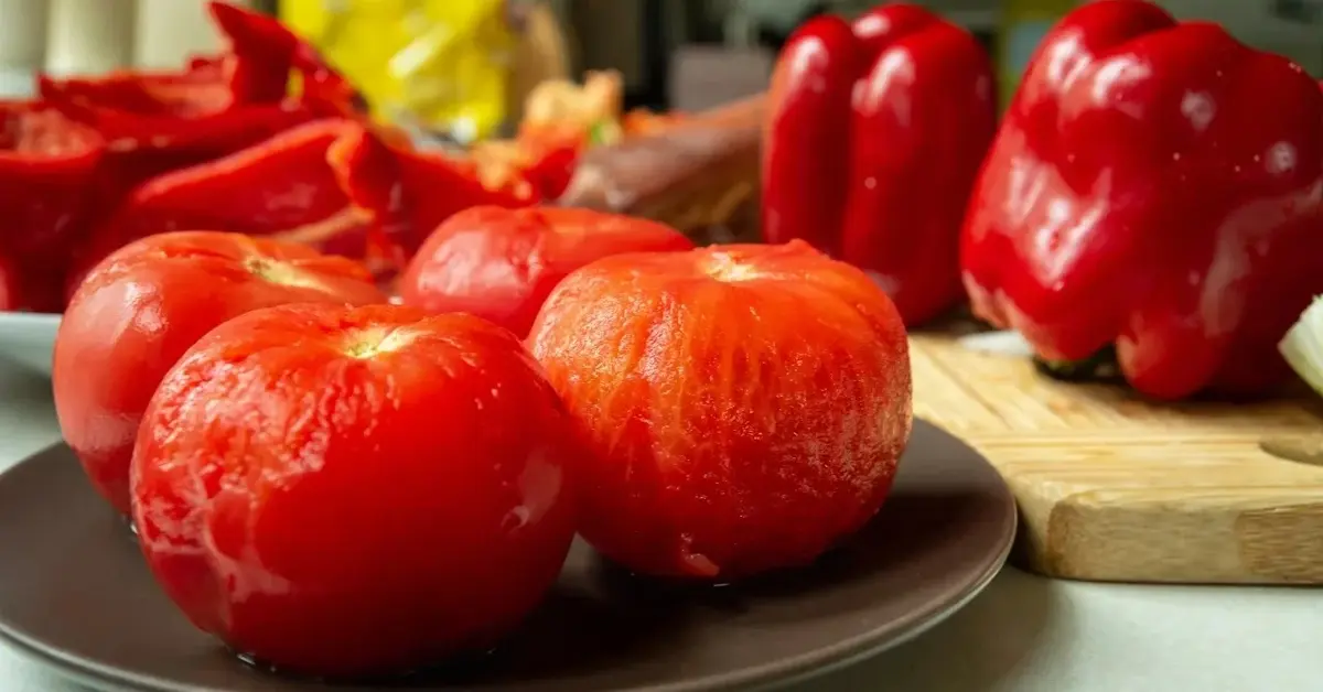 Pomidory obrane ze skórki na czarnym talerzyku 