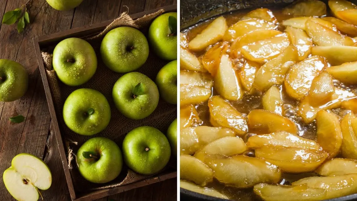 Jabłka na apple pie - zielone jabłka Granny Smith i zanurzone w sosie plasterki jabłek