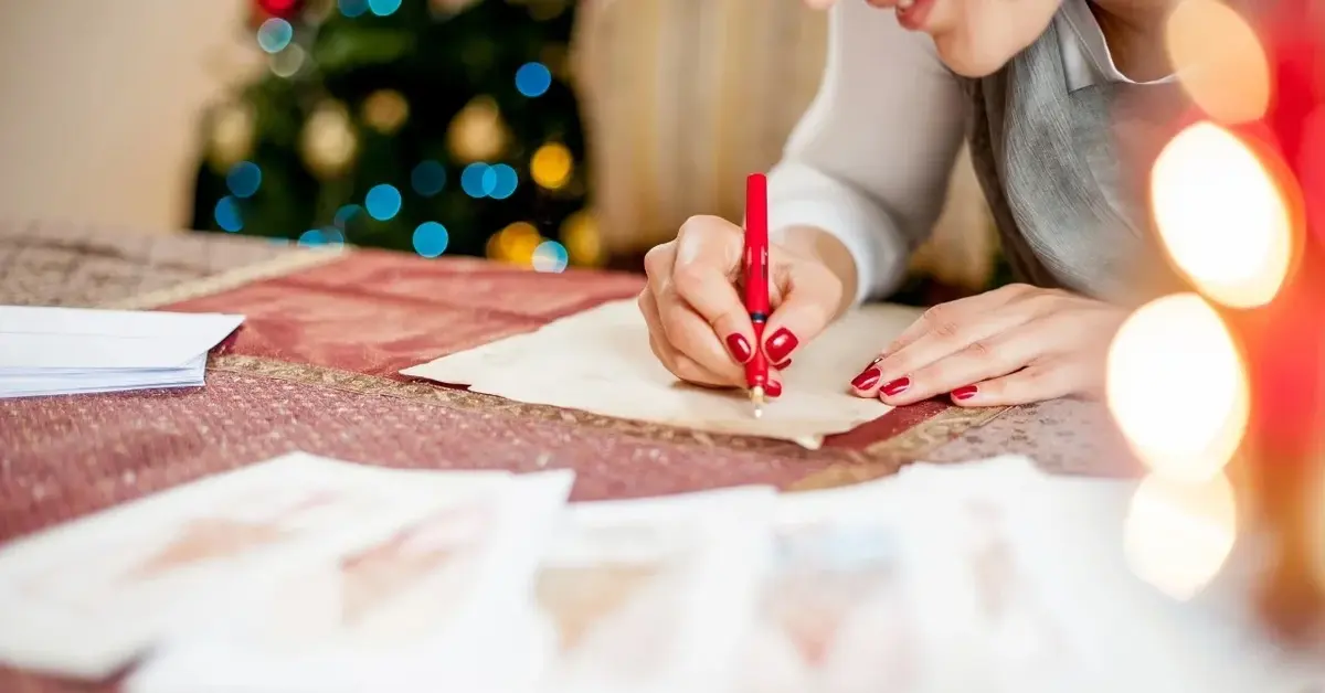 Kobieta wypisuje kartki na Święta.