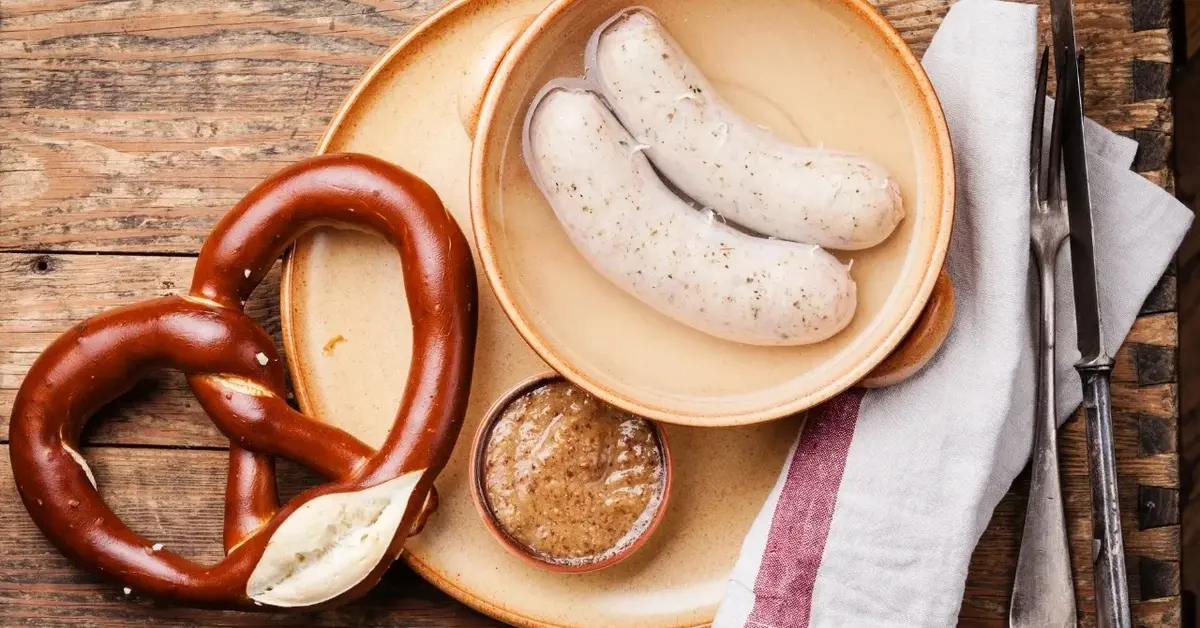 biała kiełbasa na żółtym talerzu obok musztarda precel biała ścierka i sztućce wszystko na drewnianym tle