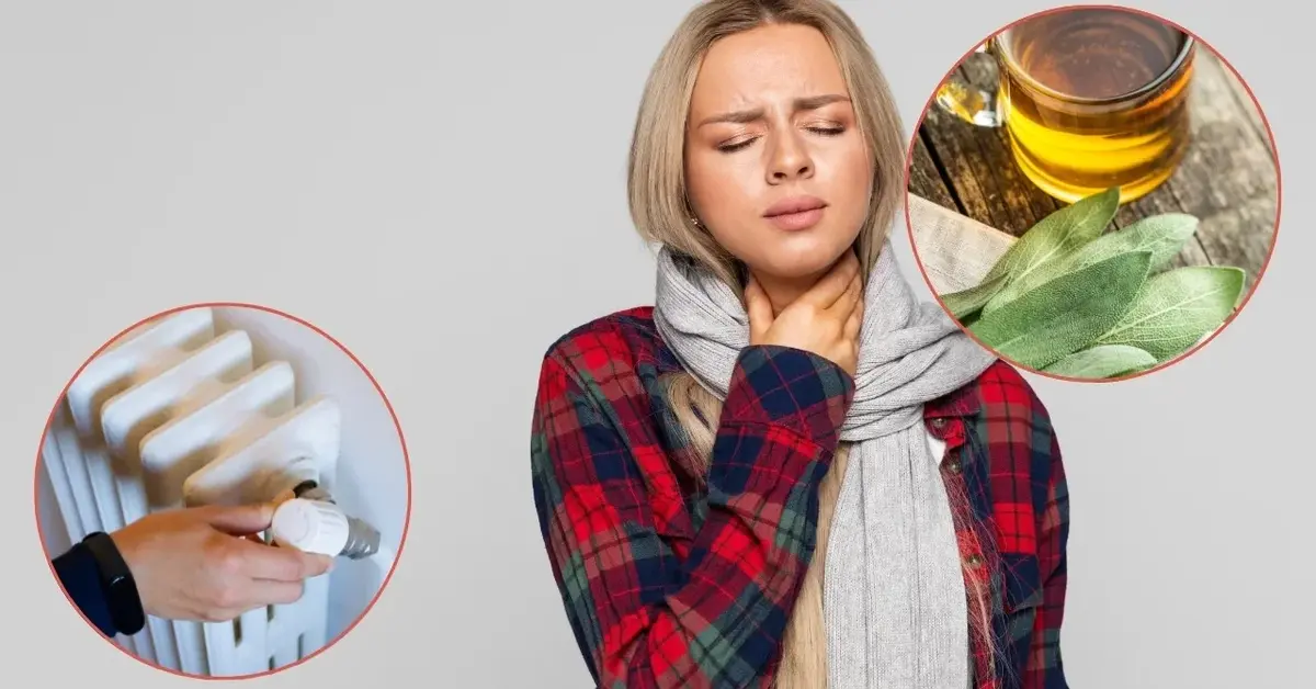 Kobieta trzym się za gardło, bo ma zapalenie krtani. Obok skręcony kaloryfer i herbata z szałwii.