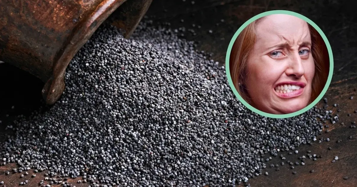 Twarz kobiety krzywi się, bo je gorzki mak.