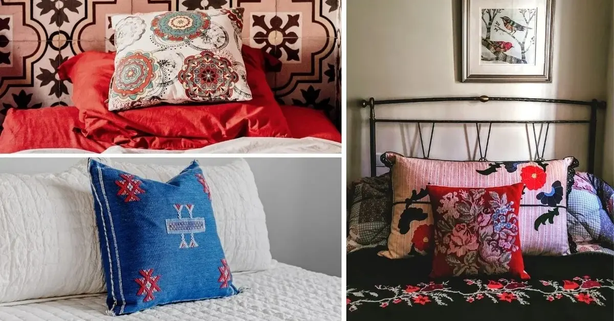 Kolaż: czerwone, niebieskie, różowe poduszki we wzory na łóżkach
