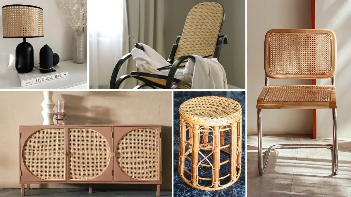 Kolaż: szafka, krzesło, stołek, fotel na biegunach i lampa z plecionką wiedeńską