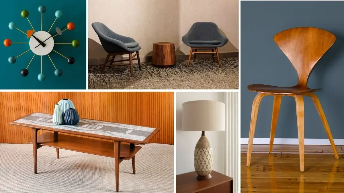 Kolaż mebli i dodatków w stylu mid-century modern: zegar, stolik, wazon, krzesło, fotele