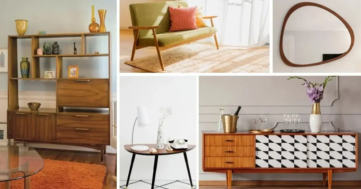 Kolaż mebli w stylu mid-century modern: drewniany regał, stolik, szafka, zielona sofa i lustro