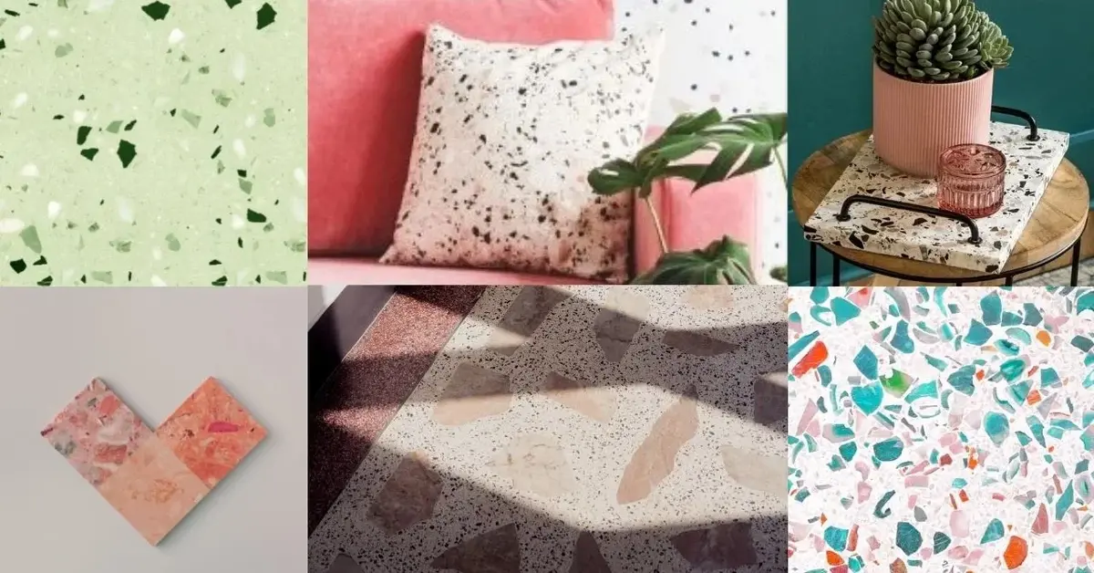 Kolaż złożony z trzech płytek terrazzo, zdjęcia podłogi terrazzo, tacy terrazzo i poduszki we wzór terrazzo