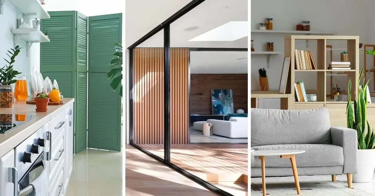 Kolaż: przepierzenie z zielonego parawanu w kuchni, przepierzenie drewniane i szklane, przepierzenie-regał w salonie