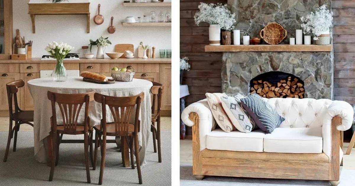 Kolaż: rustykalna kuchnia z brązowymi krzesłami przy stole; sofa na tle kamiennego kominka