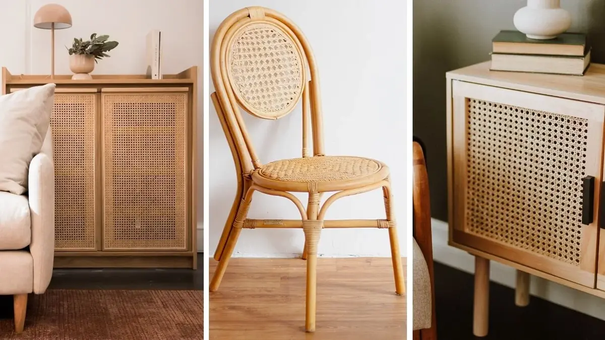 Kolaż: drewniane krzesło i drewniane szafki z plecionką wiedeńską
