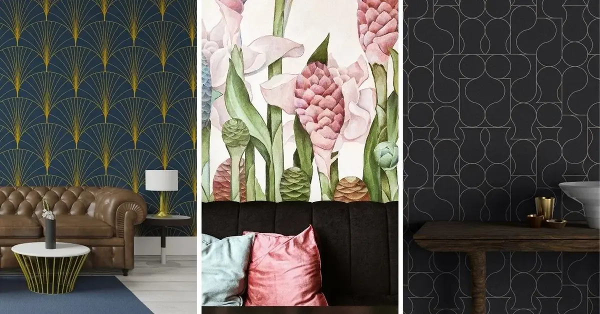Kolaż: tapeta z motywem art deco, tapeta botaniczna w różowe kwiaty, czarna tapeta w abstrakcyjny wzór