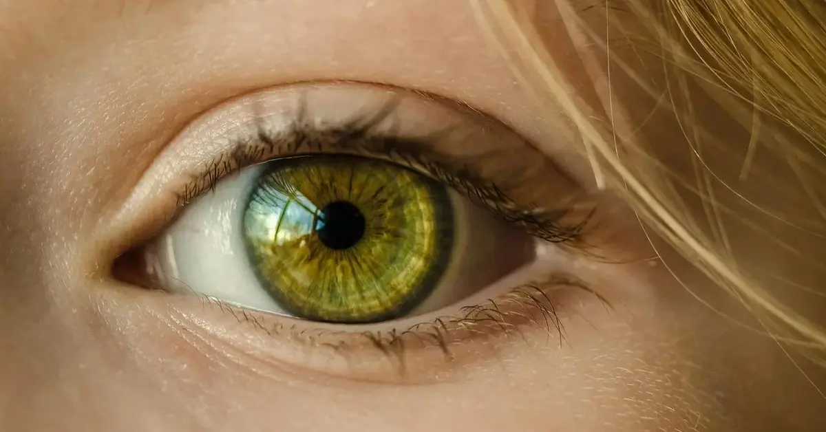 Kobiece oko o zielonej tęczówce w dużym zbliżeniu z widoczną powieką