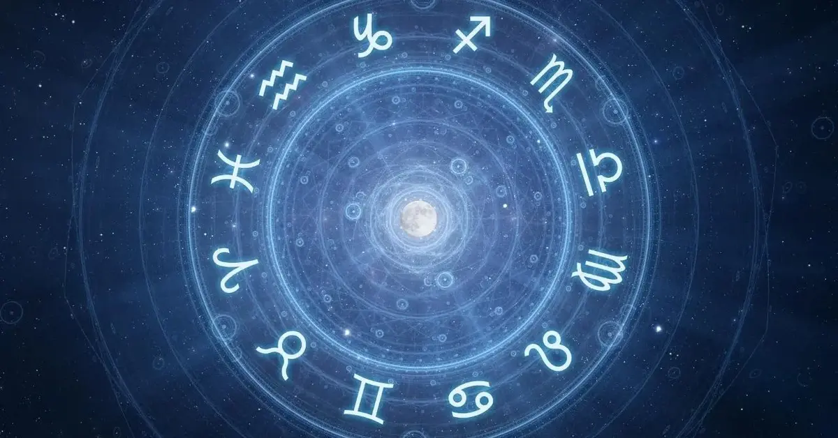 Krąg świetlistych znaków zodiaku na niebieskim tle.