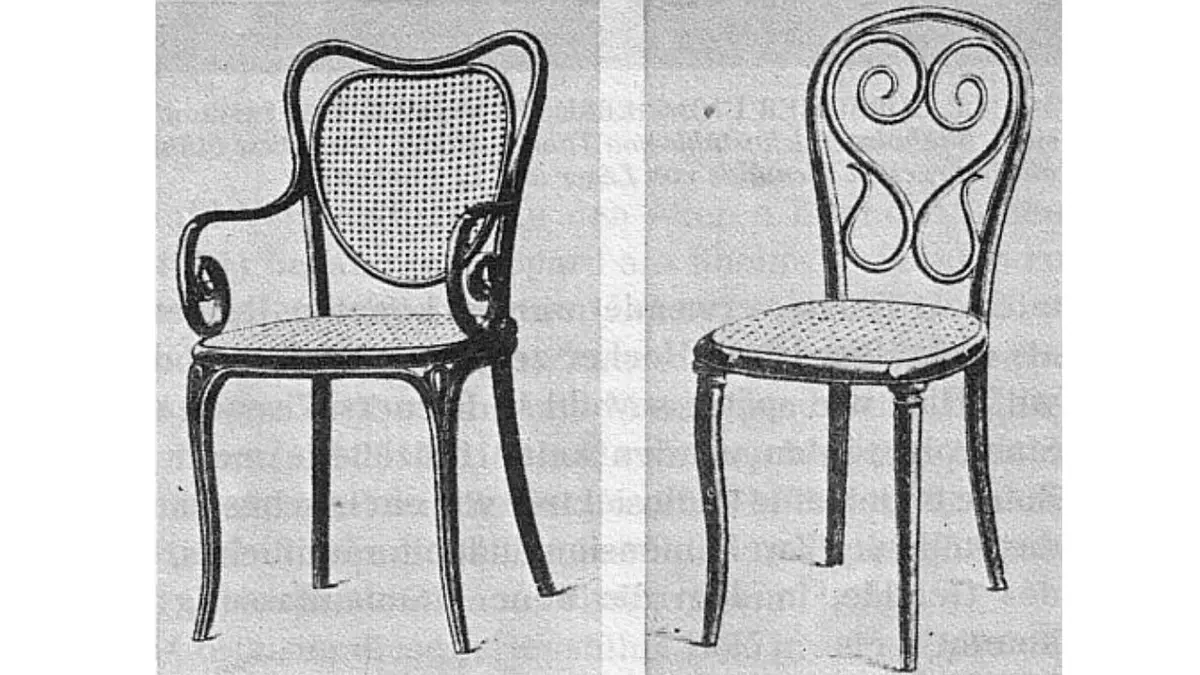 Czarno-biała rycina przedstawiająca dwa krzesła Thoneta z plecionką wiedeńską