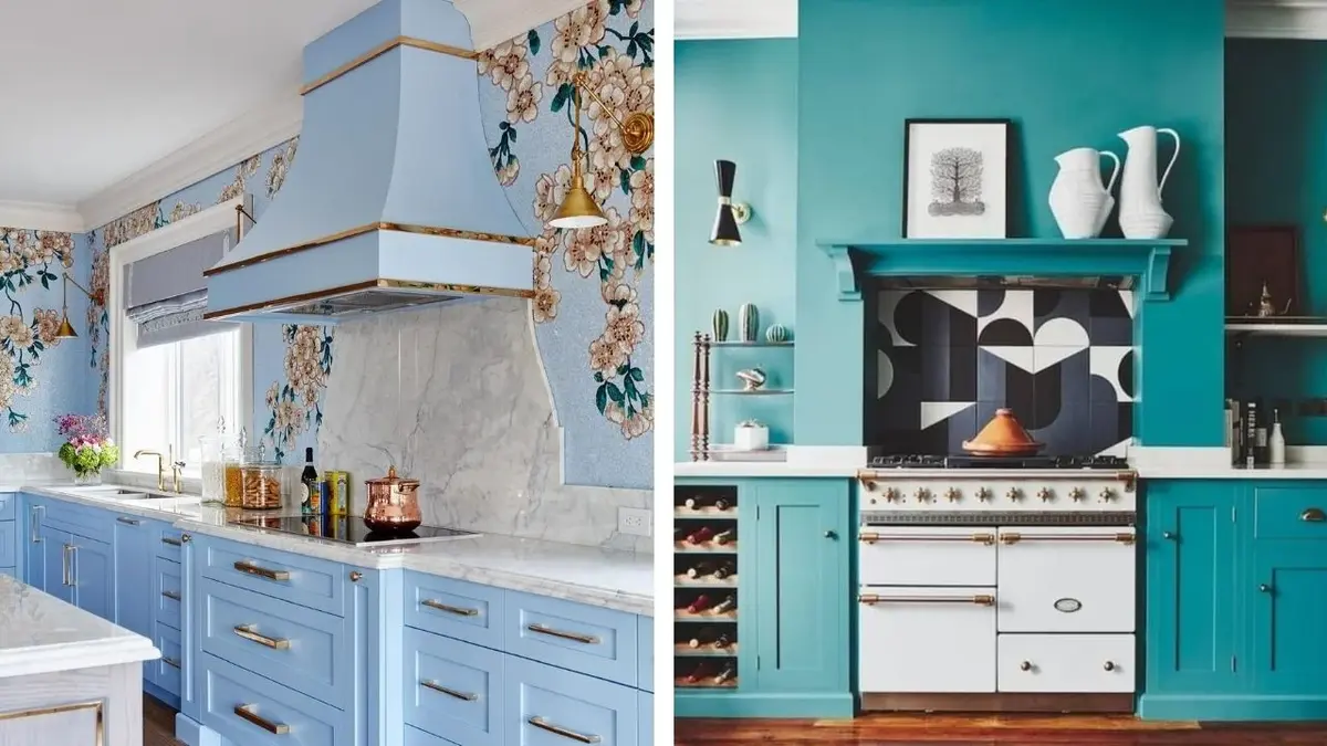 Kolaż: kuchnia z niebieską tapetą; kuchnia z lazurowymi ścianami