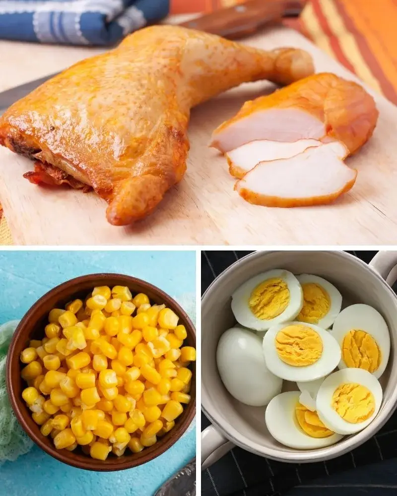 Składniki na sałatkę - wędzony kurczak, kukurydza z puszki i jajka na twardo