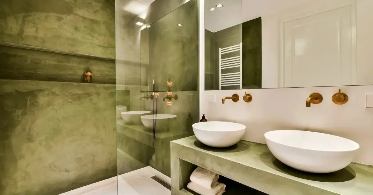 Biało-zielona łazienka ze ścianami z marmuru i złotą aramturą