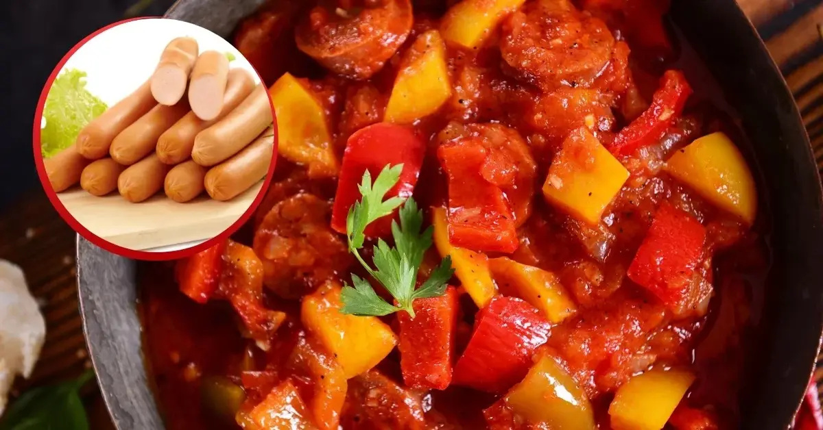 Leczo z cukinią, papryką i kiełbasą oraz sama kiełbasa.