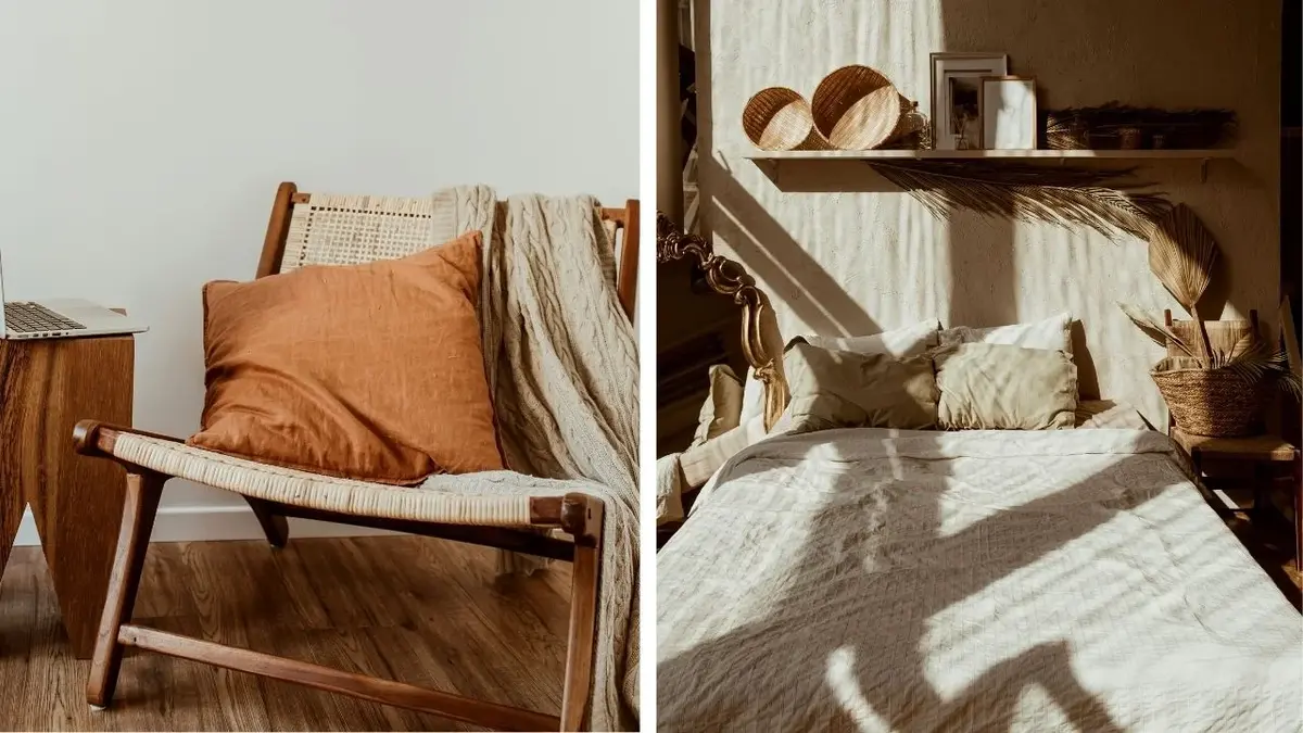 Kolaż: lniana poduszka na krześle i lniana pościel w pokoju boho