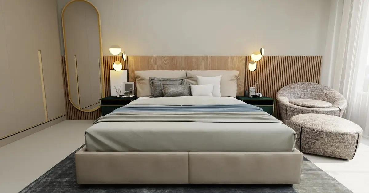 Jasna sypialnia z łóżkiem dla pary z wygodnym materacem