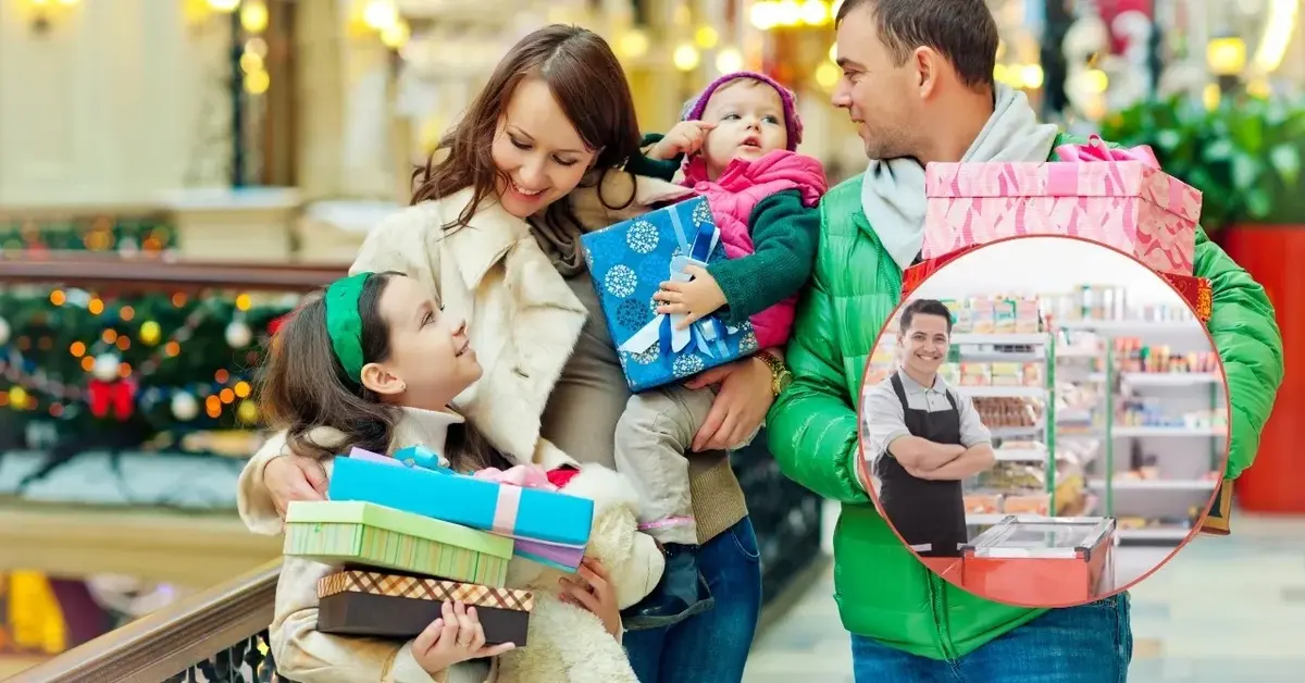 Rodzina jest w sklepie w Wigilię.