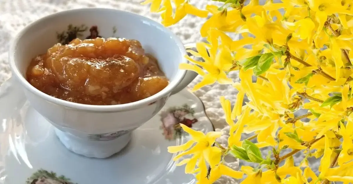 Marmolada z forsycji z porcelanowej filiżance, obok gałązki kwitnącej forsycji