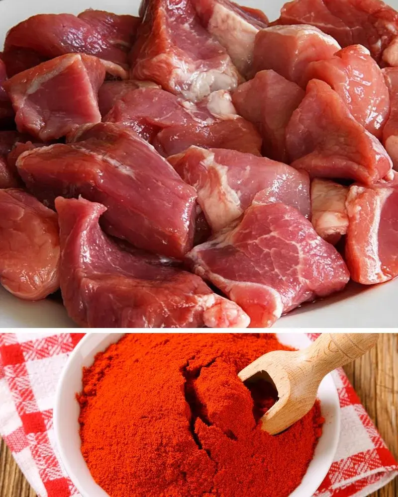 Skłąniki na gulasz - pokrojone mięso wieprzowe i mielona papryka