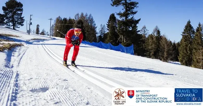 W śnieżnym krajobrazie na trasie zjazdowej nart biegowych na Słowacji-Pieniny-Spisz narciarz w czerwonym kombinezonie