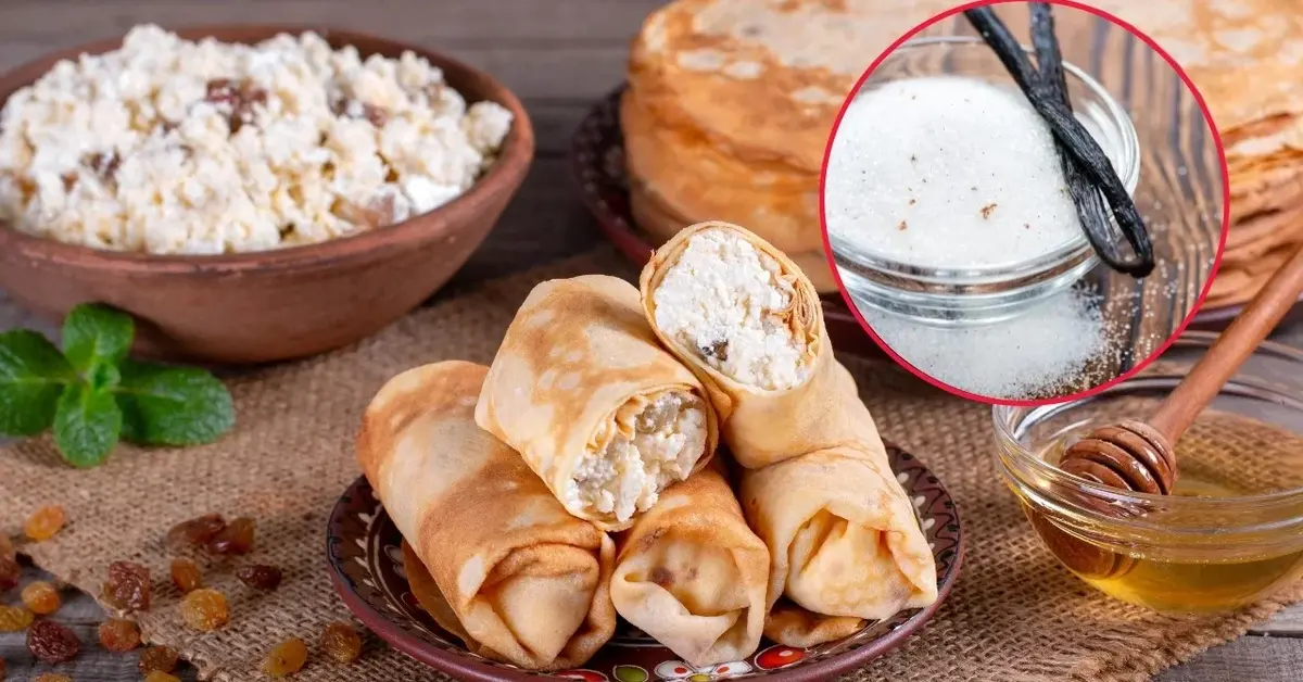 Naleśniki z serem, ser oraz cukier wanilinowy.