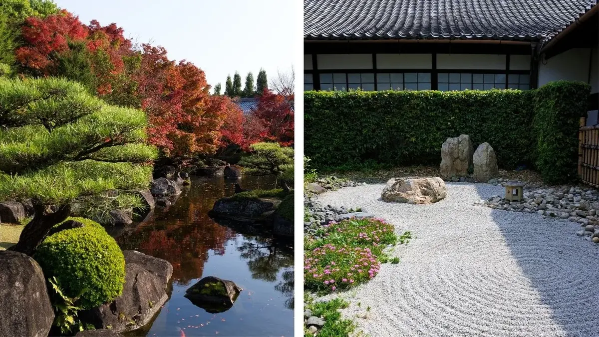 Kolaż: ogród japoński tsukiyama i karesansui