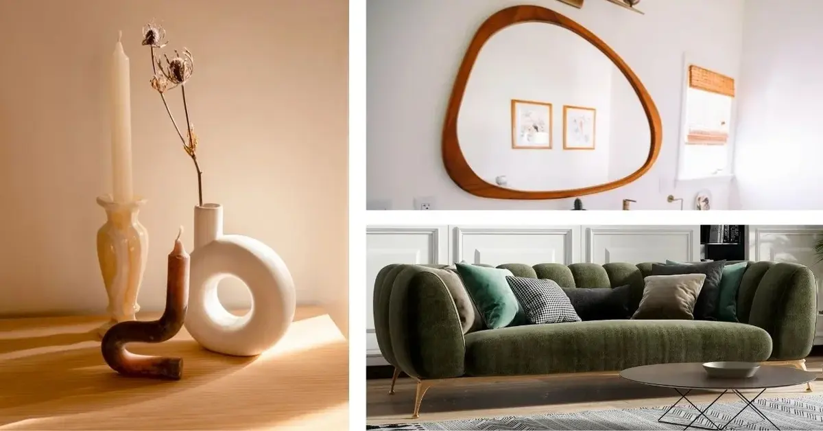 Kolaż: wazony, lustro, sofa o organicznym kształcie