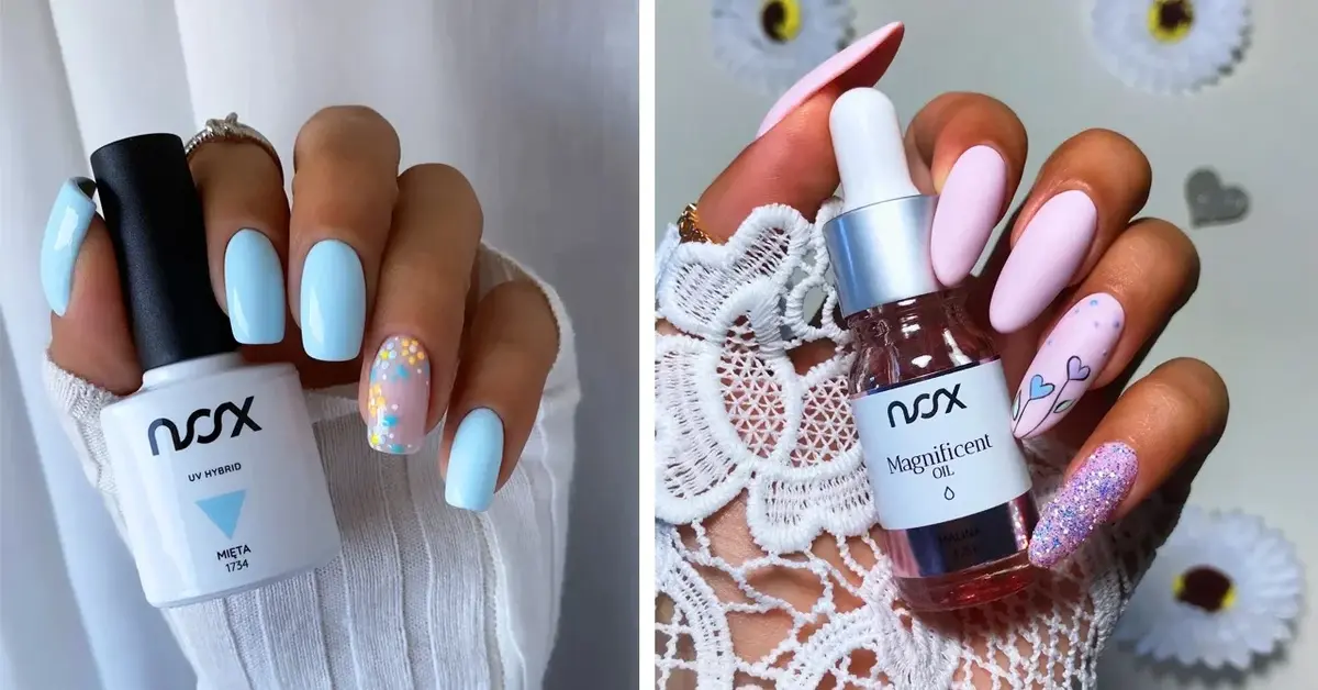 Prezentacja 2 wersji pastelowego manicure hybrydowego - kolaż dłoni trzymających buteleczki lakieru