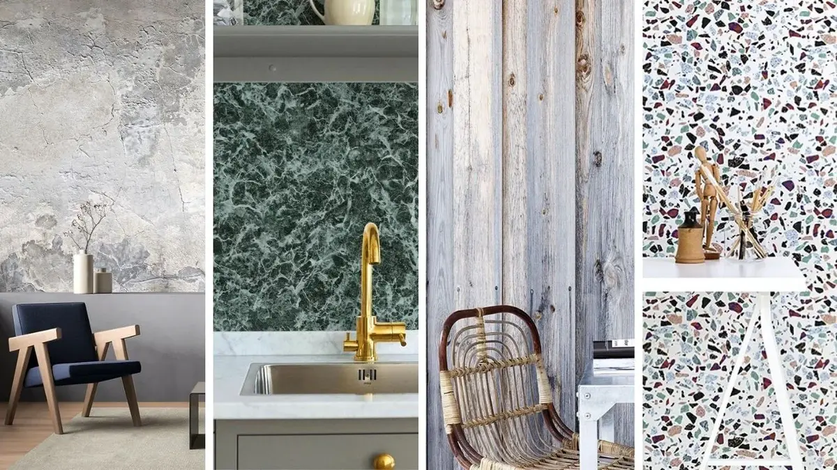 Photowall Sweden: tapeta imitująca popękany beton, zielony marmur, stare drewno, lastryko
