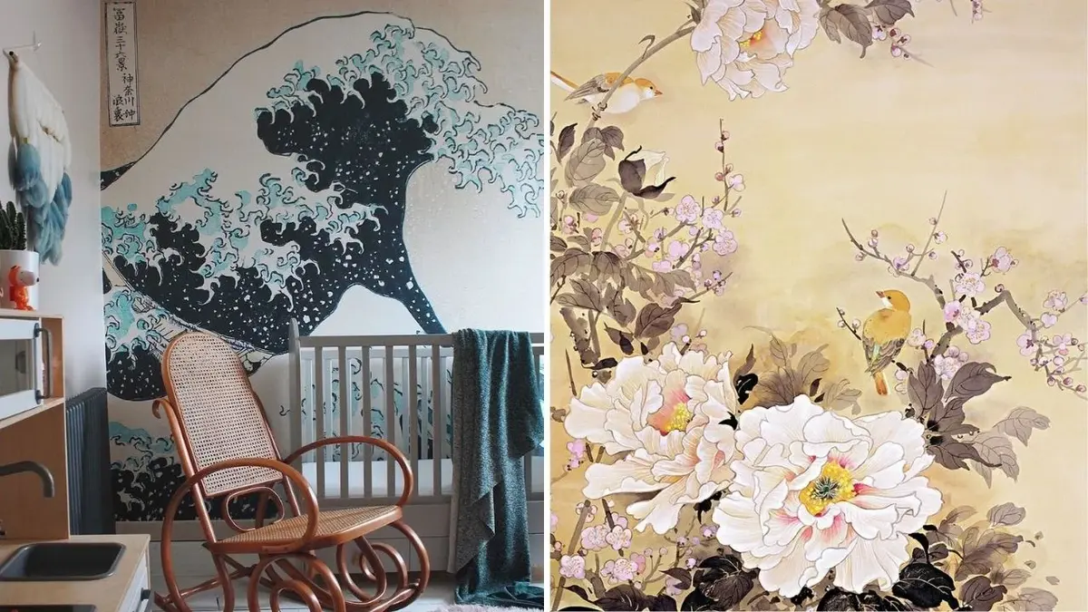 Photowall Sweden: tapeta "Wielka Fala" Hokusai, kwitnące kwiaty i ptaki