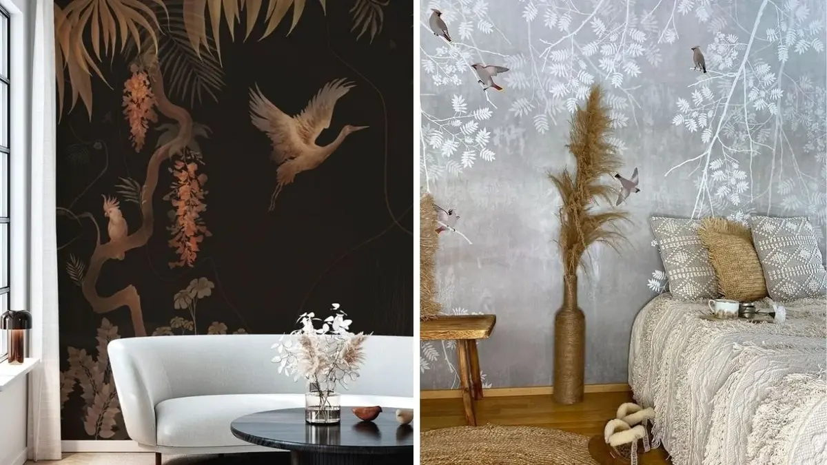 Photowall Sweden: brązowa tapeta urban jungle, szara tapeta ze srebrnymi gałązkami i beżowymi ptakami