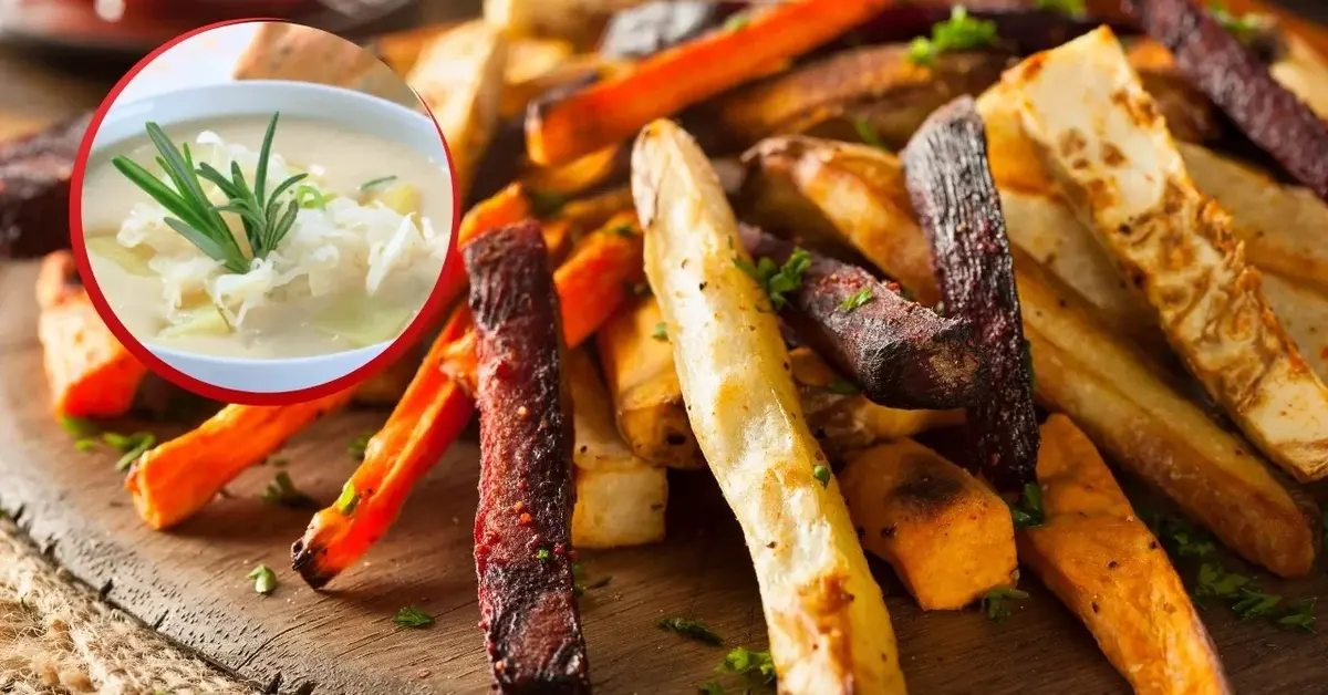 Frytki z pietruszki i marchewki oraz zdjęcie zupy z korzenia pietruszki i innych białych warzyw.