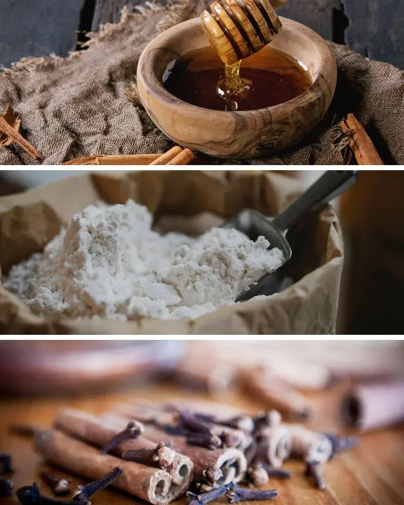 Miód, mąka i przyprawy korzenne - składniki potrzebne do upieczenia piernika staropolskiego