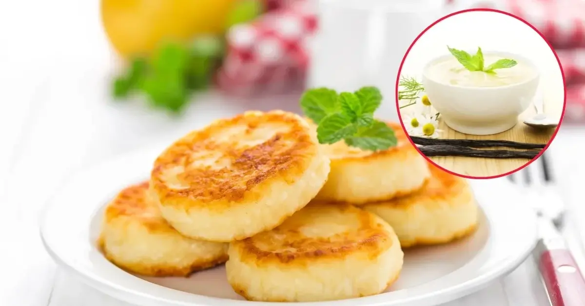 Puszyste placuszki z serkiem waniliowym na białym talerzu.