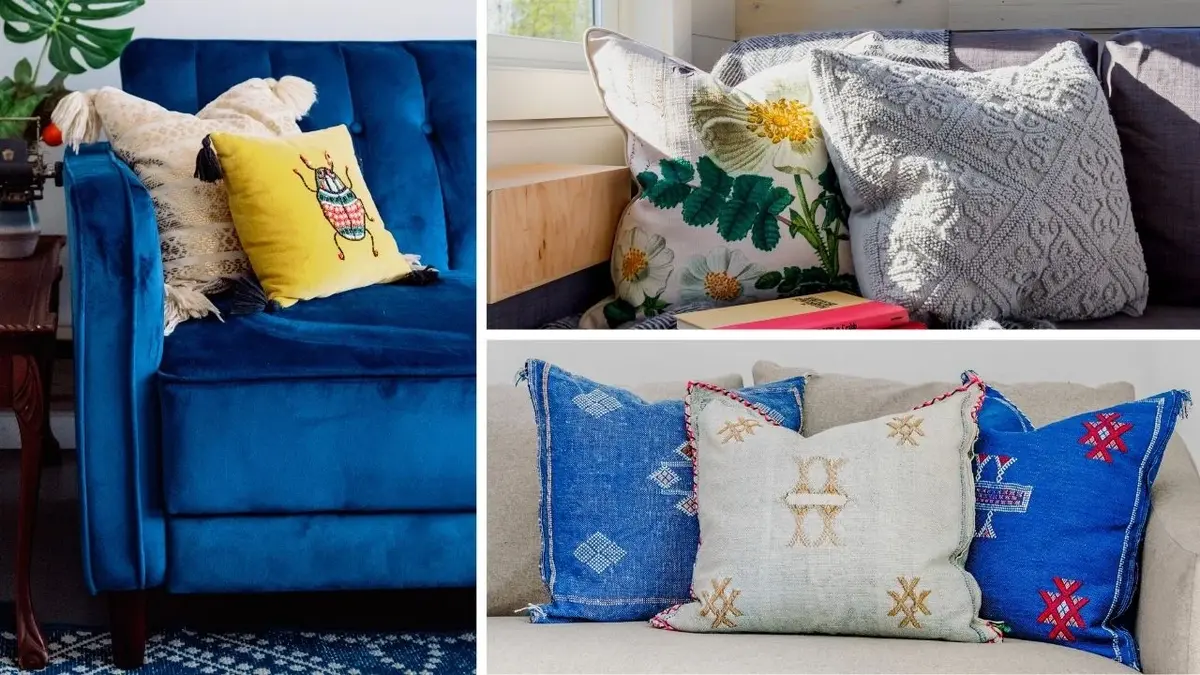 Kolaż: poduszki dekoracyjne w kolorze niebieskim, żółty, białym we wzory