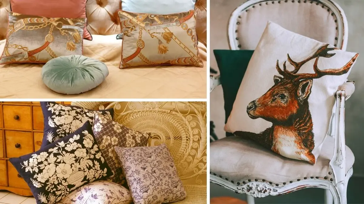 Kolaż: poduszki dekoracyjne we wzory kwiatowe, glamour, głowa jelenia
