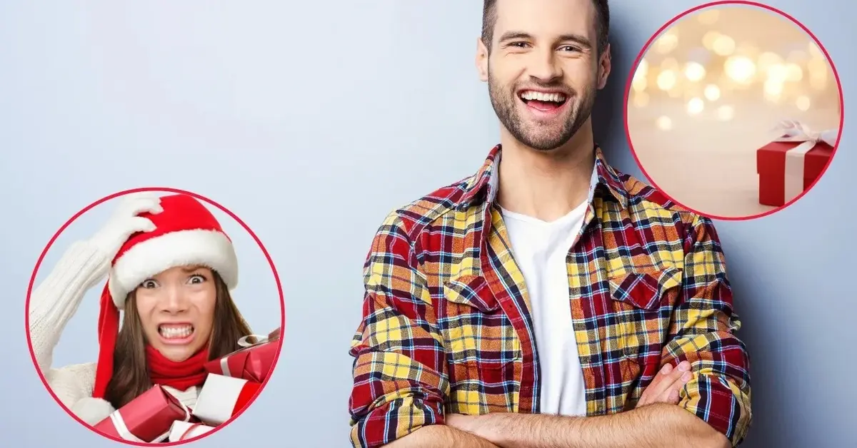 Prezent na mikołajki dla chłopaka, widać też zdjęcie zmartwionej dziewczyny w czapce mikołaja.