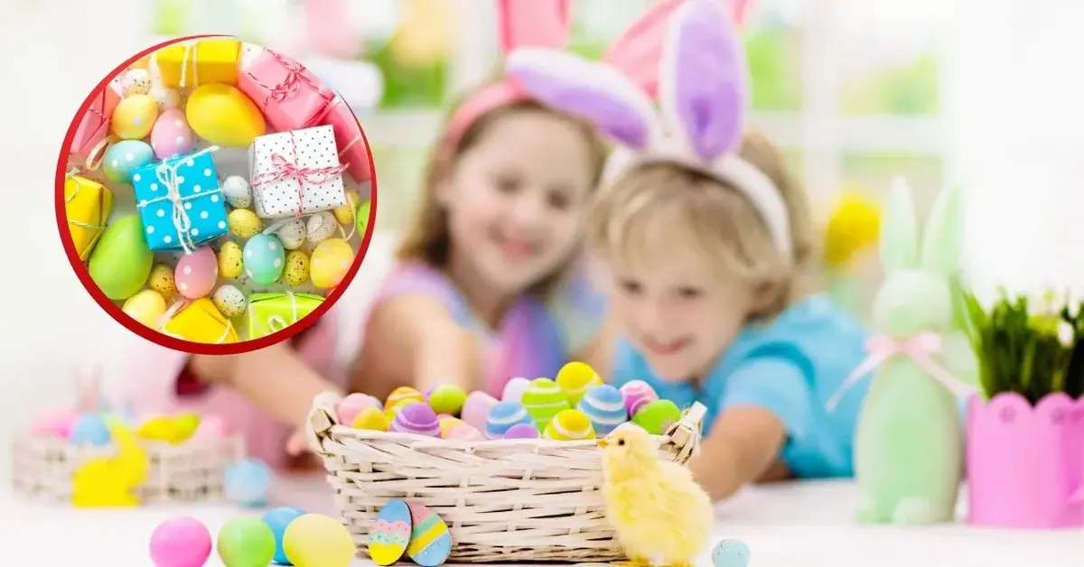 Kolorowe prezenty i jajka na Wielkanoc. W tle uśmiechnięte dzieci.