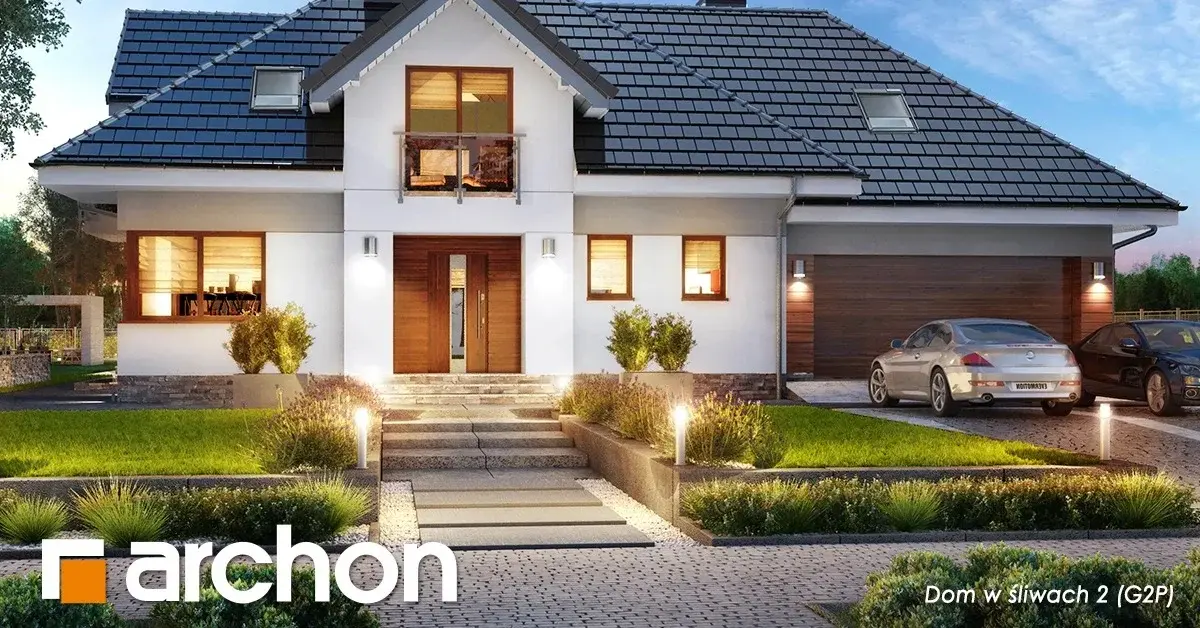 Dom w śliwach projekt domu na pochyłą działkę studio Archon+ wizualizacja