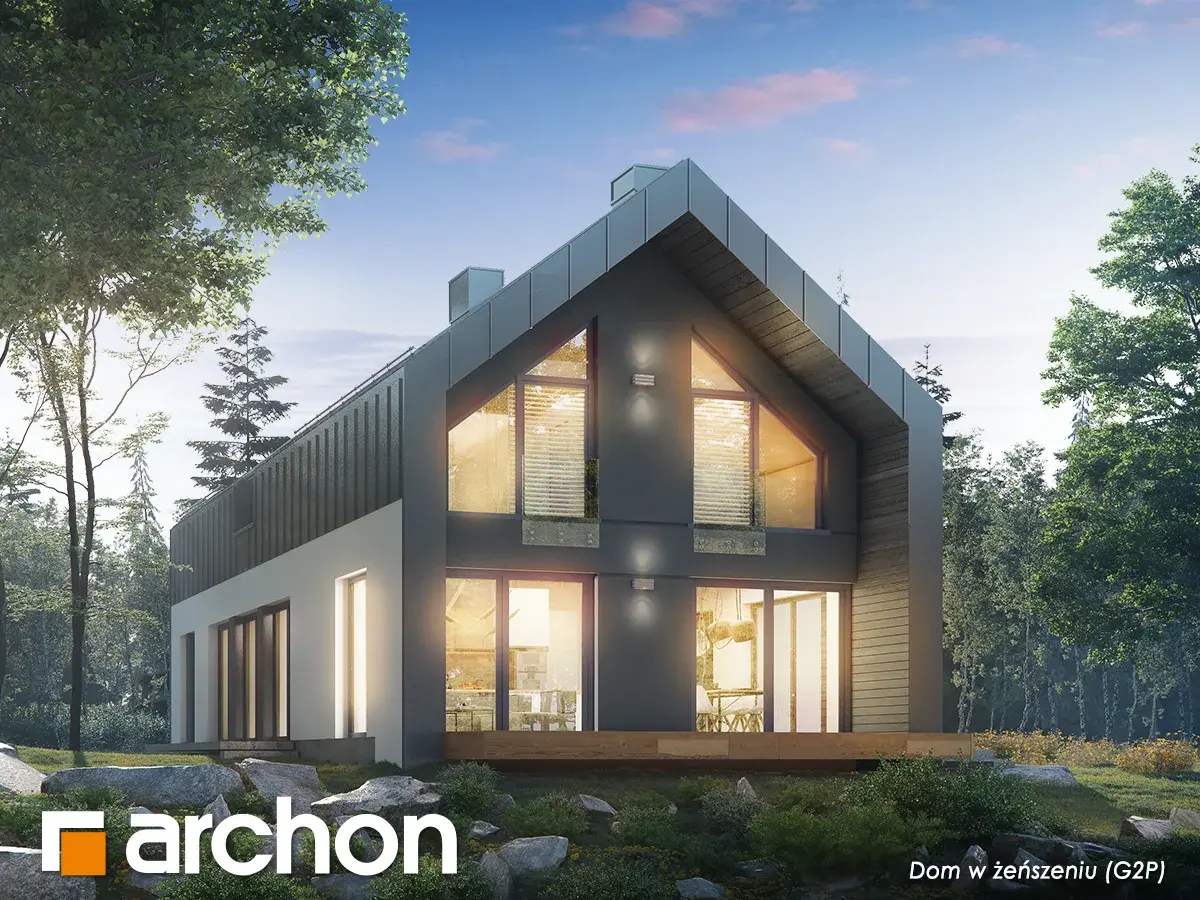 Dom w żeńszeniu projekt domu na pochyłą działkę studio Archon+ wizualizacja