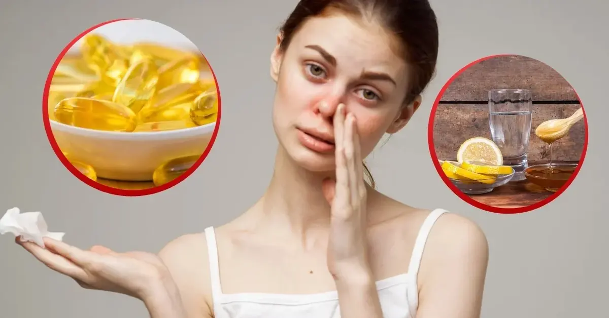 Kobieta z przeziębieniem, witamina D i woda z miodem na zwiększenie odporności organizmu.