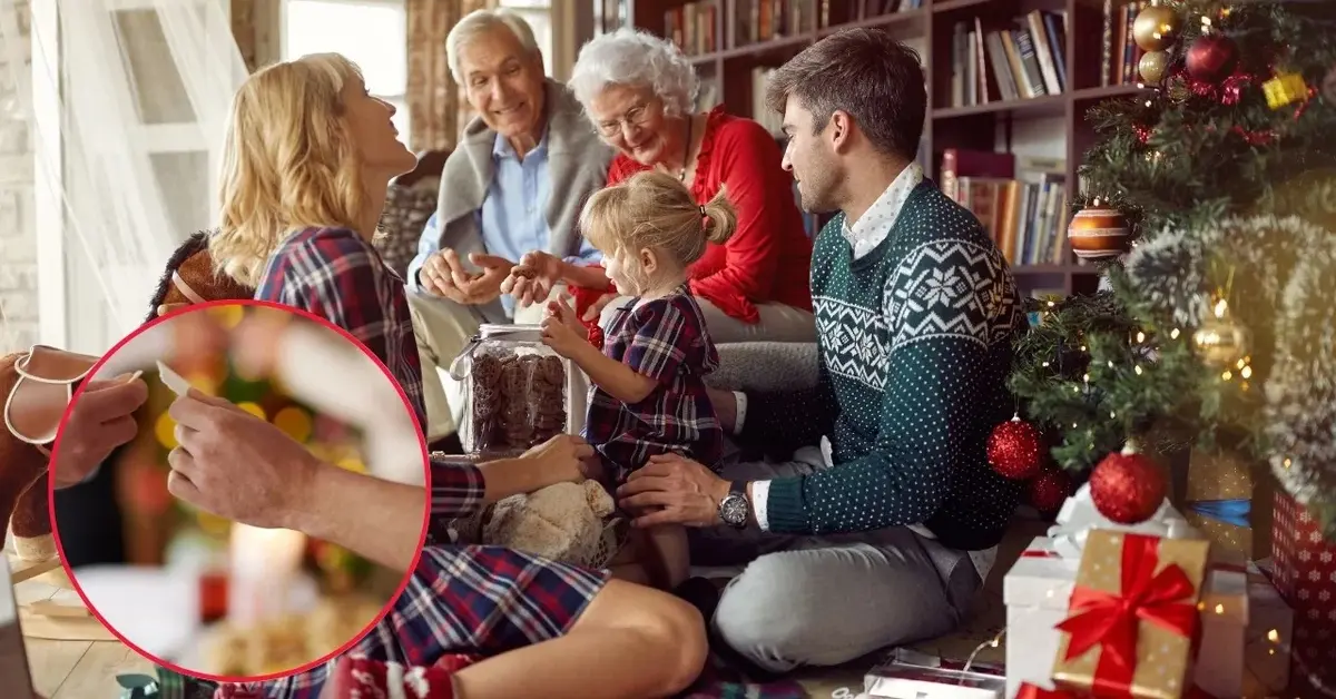 Rodzina z radością spędza razem Święta. Widać miniaturkę dzielenia się opłatkiem.